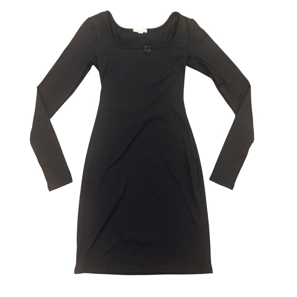 See You Monday Black Ribbed Long Sleeve Square Neck Bow Mini Dress Small